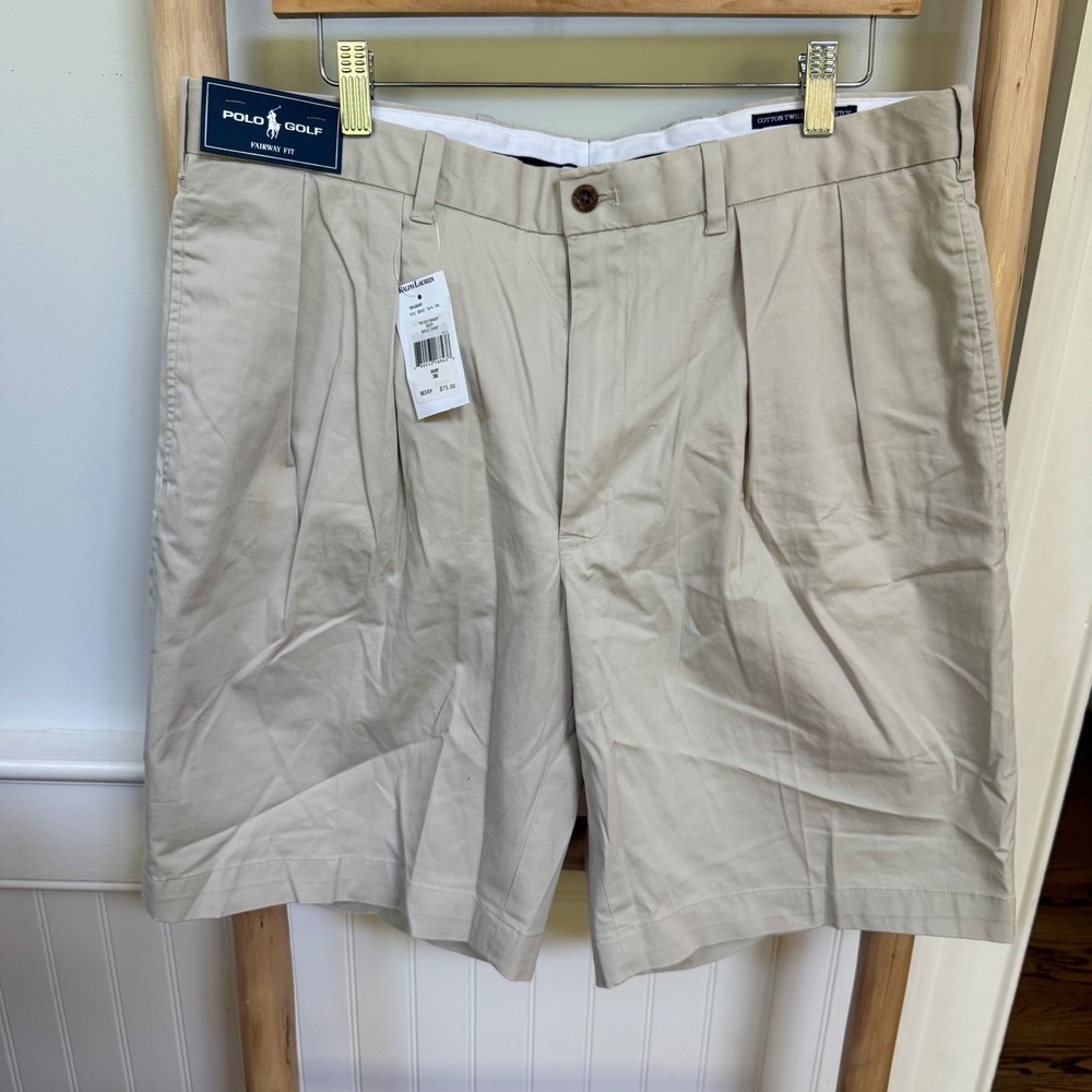Polo Golf Ralph Lauren Mens 35 Khaki Fairway Fit Pleated Cotton Stretch Shorts
